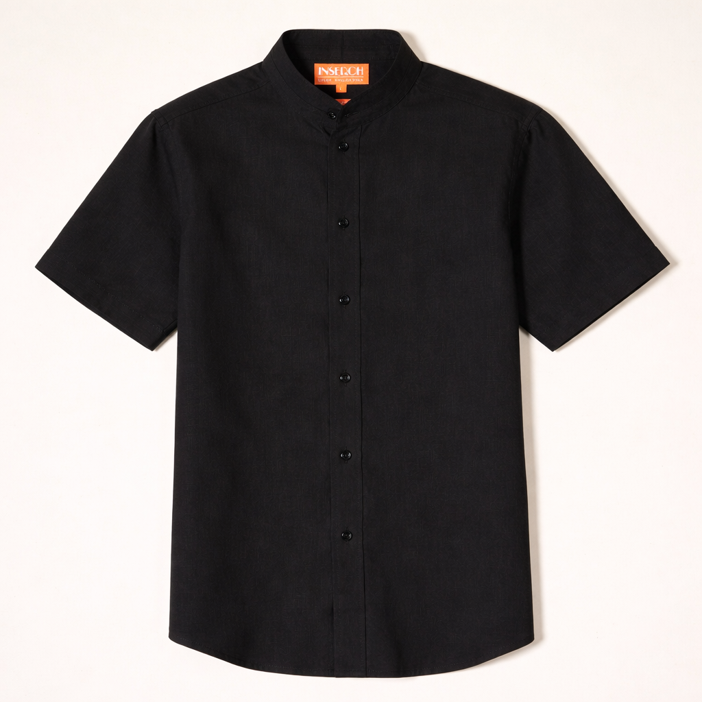 Inserch Short Sleeve Banded Collar Linen Shirt