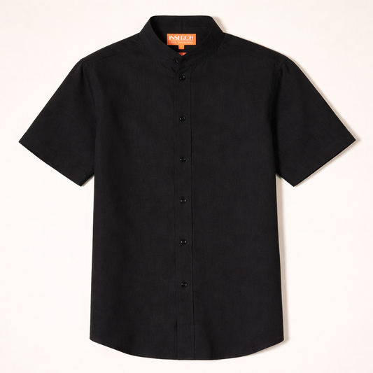 Inserch Short Sleeve Banded Collar Linen Shirt
