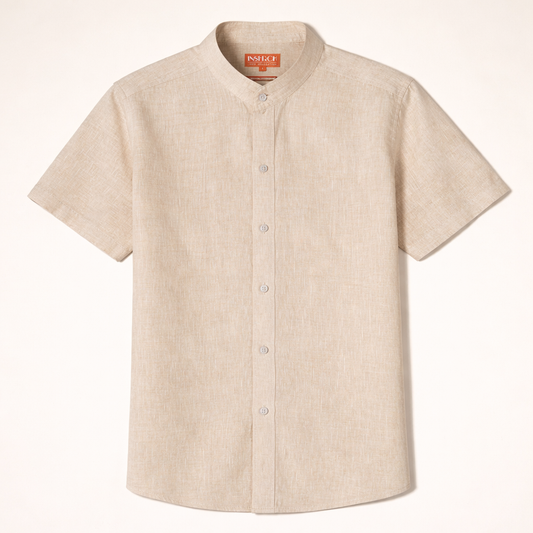 Inserch Short Sleeve Banded Collar Linen Shirt