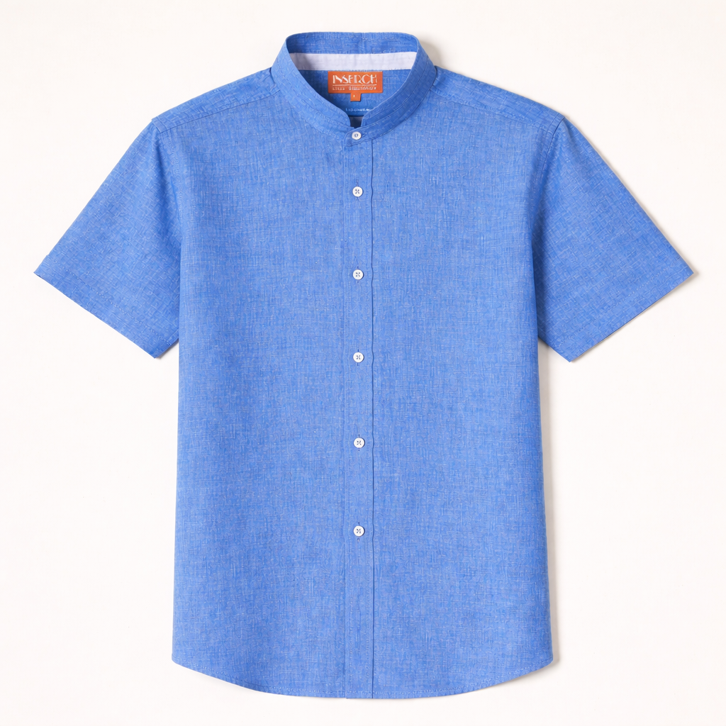 Inserch Short Sleeve Banded Collar Linen Shirt
