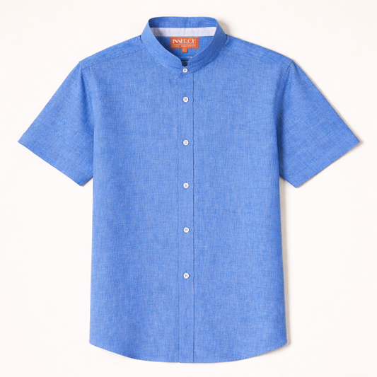 Inserch Short Sleeve Banded Collar Linen Shirt