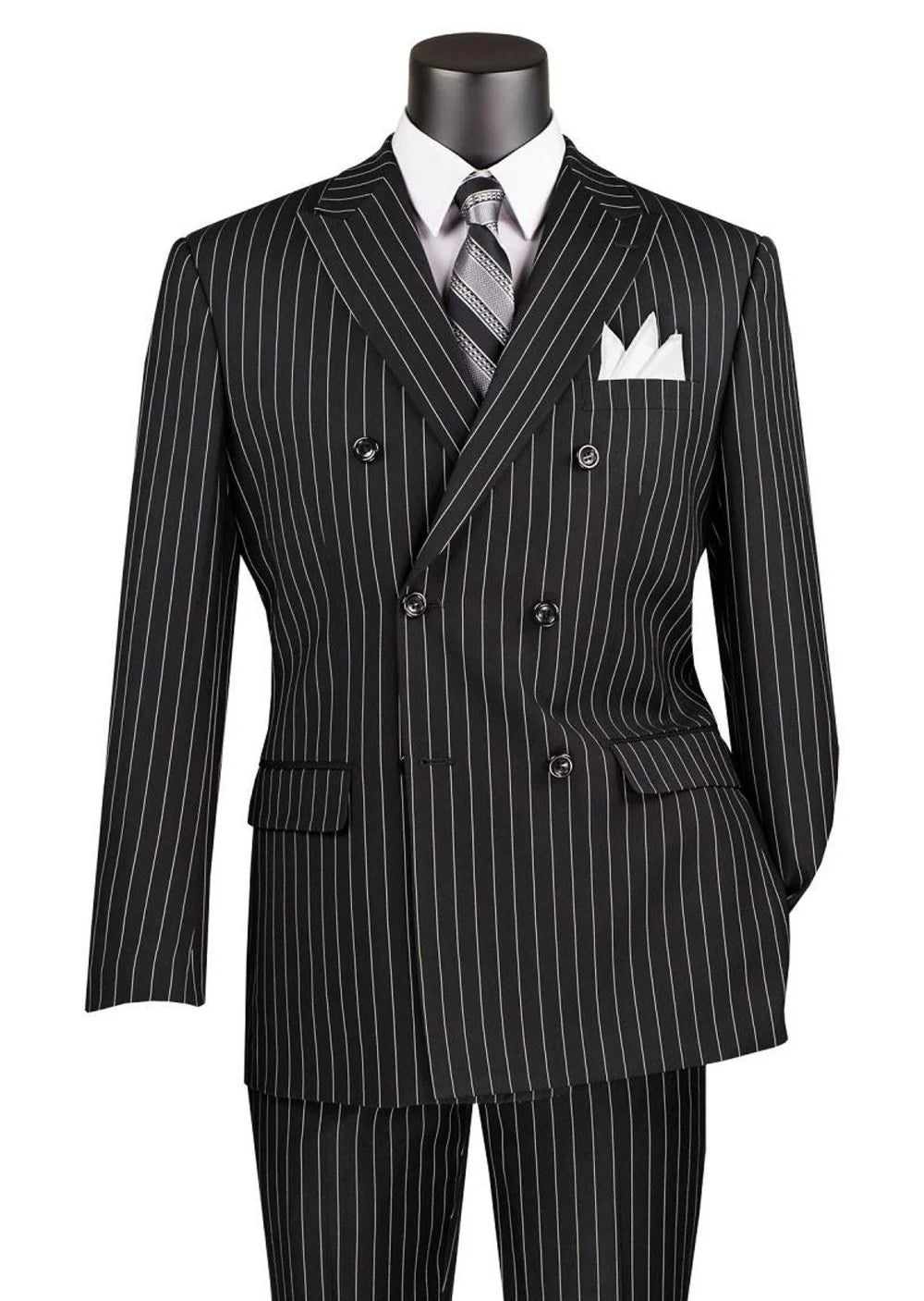 Vinci Classic Fit Executive Double Breasted Suit Gangster Stripe w/Adjustable Waistband (Black)