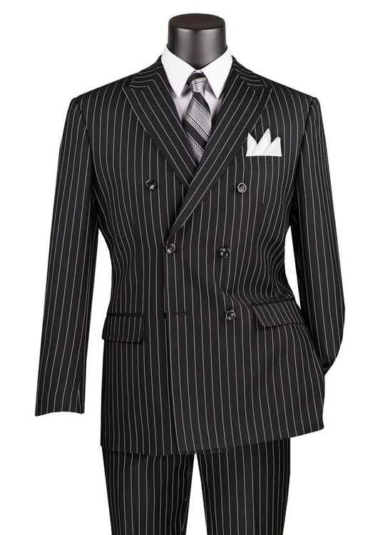 Vinci Classic Fit Executive Double Breasted Suit Gangster Stripe w/Adjustable Waistband (Black)