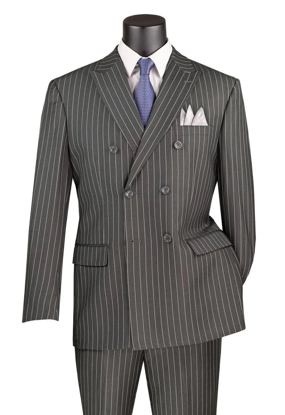 Vinci Classic Fit Executive Double Breasted Suit Gangster Stripe w/Adjustable Waistband(Charcoal)