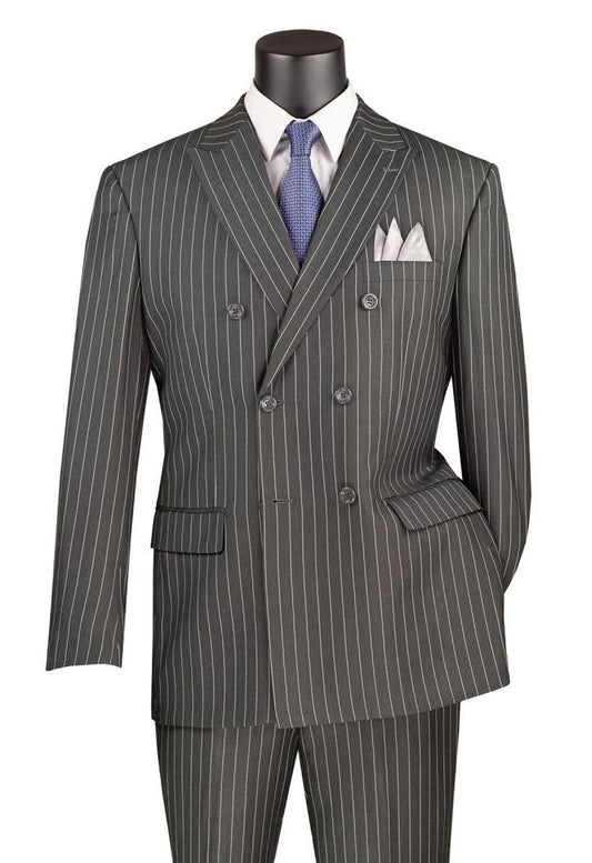 Vinci Classic Fit Executive Double Breasted Suit Gangster Stripe w/Adjustable Waistband(Charcoal)