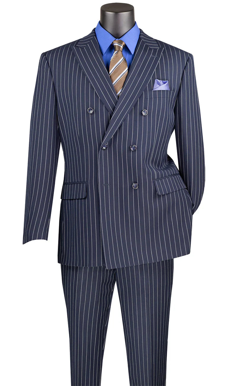 Vinci Classic Fit Executive Double Breasted Suit Gangster Stripe w/Adjustable Waistband (Navy)