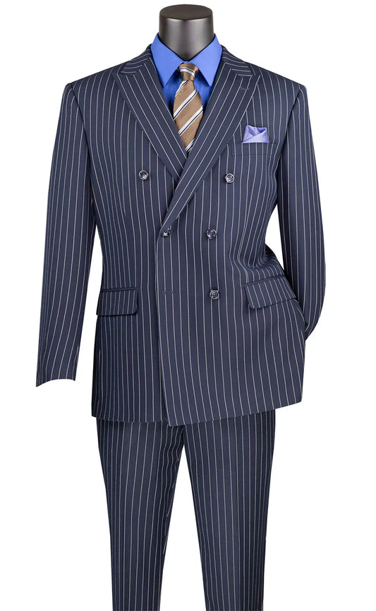 Vinci Classic Fit Executive Double Breasted Suit Gangster Stripe w/Adjustable Waistband (Navy)