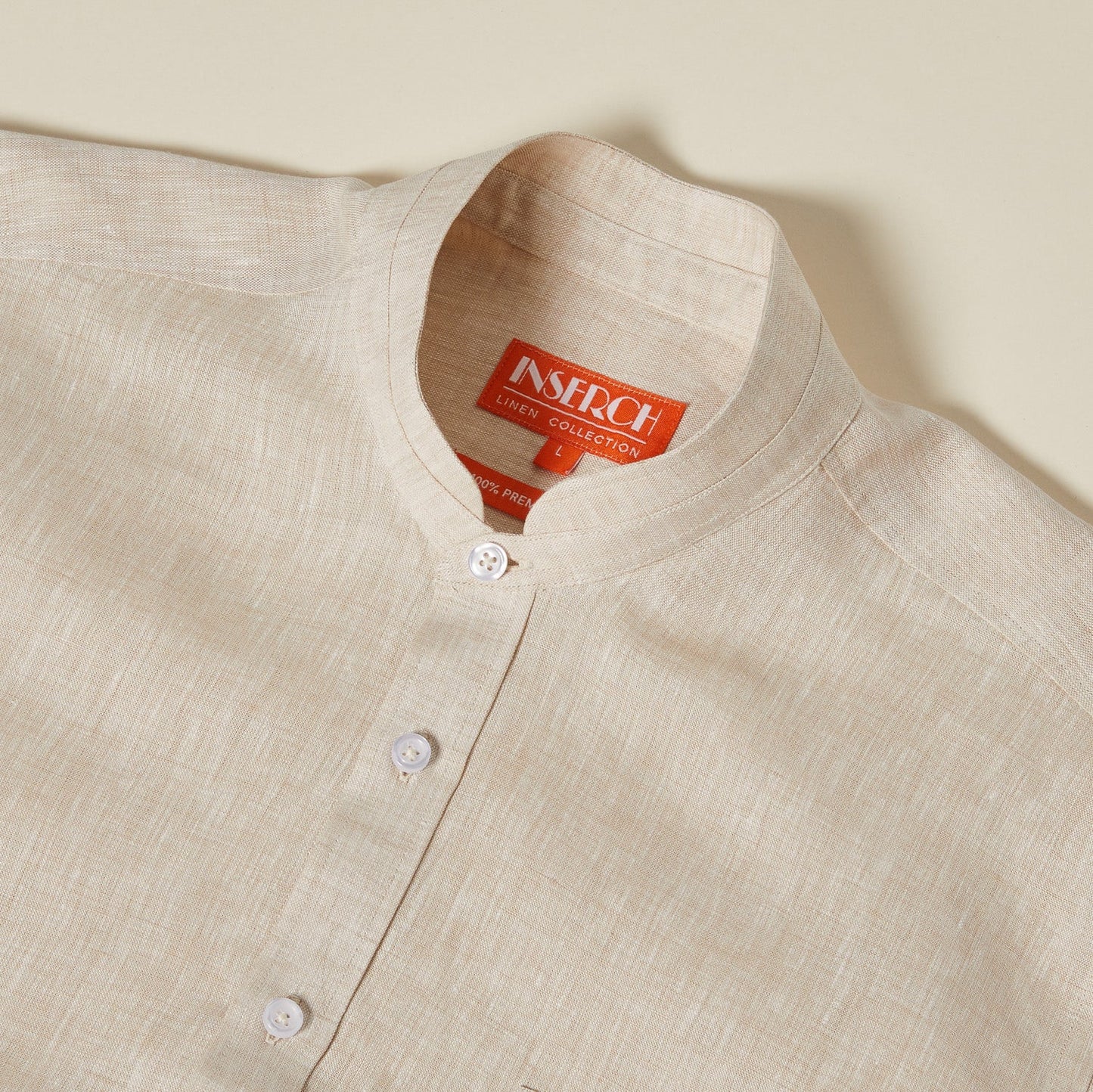 Inserch Short Sleeve Banded Collar Linen Shirt