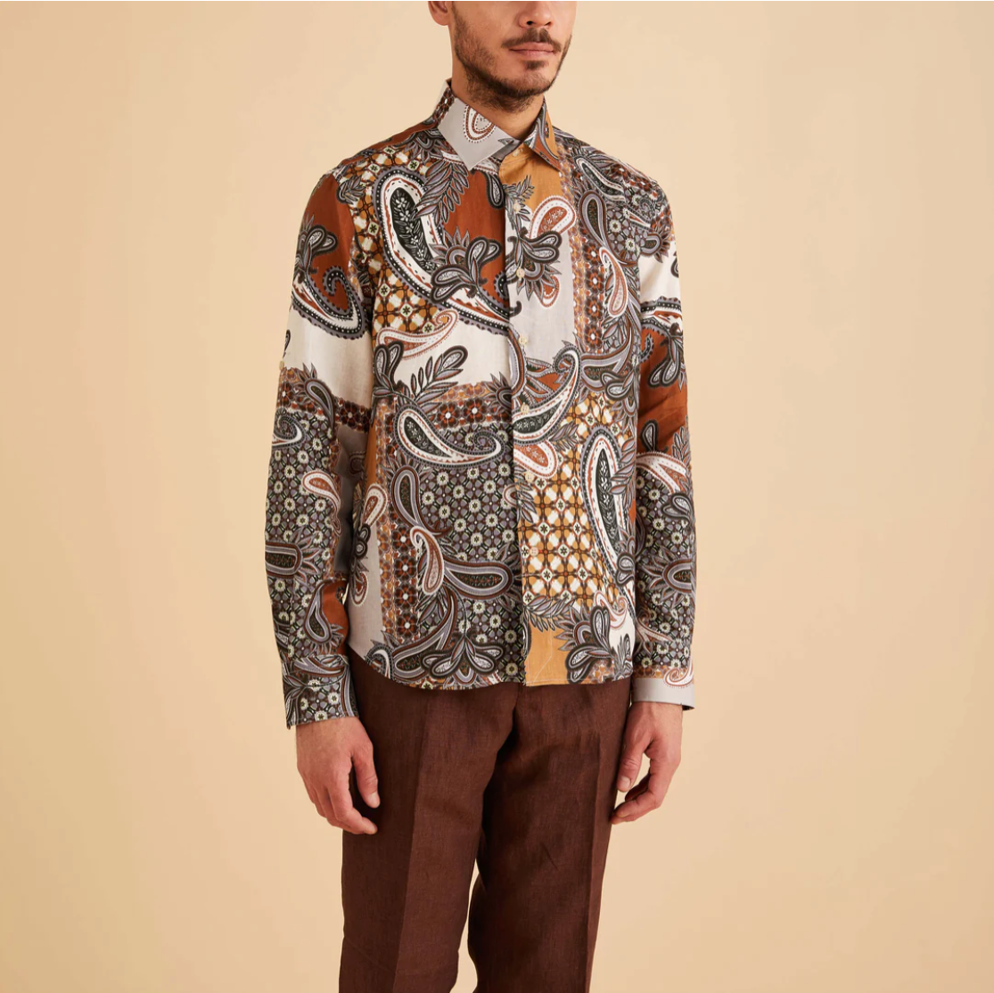 Inserch Long Sleeve Mediterranean Paisley Print Linen Shirt