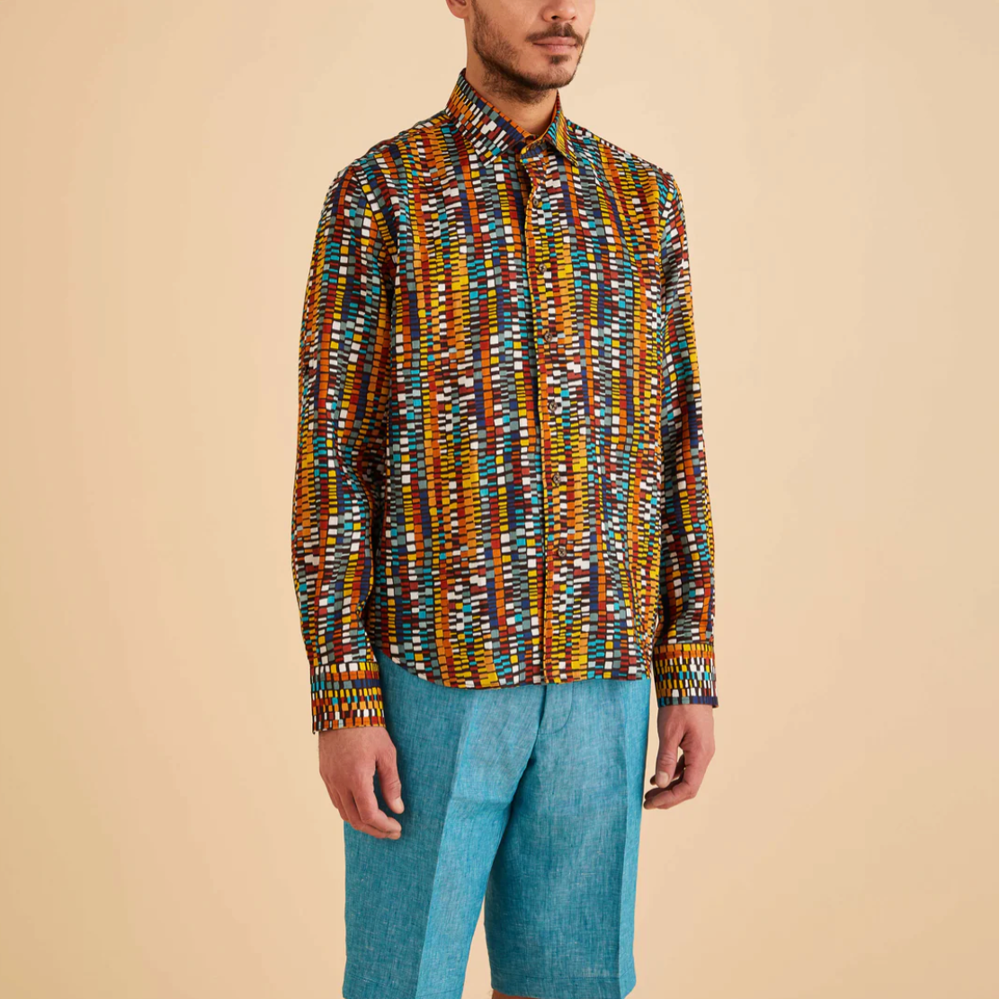 Inserch Long Sleeve Geo Print Linen Shirt