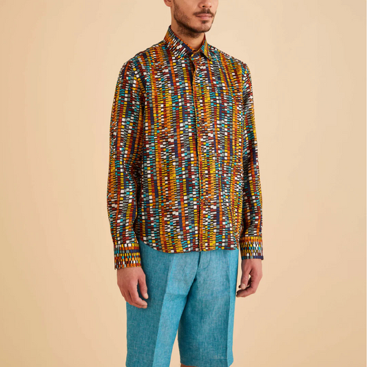 Inserch Long Sleeve Geo Print Linen Shirt