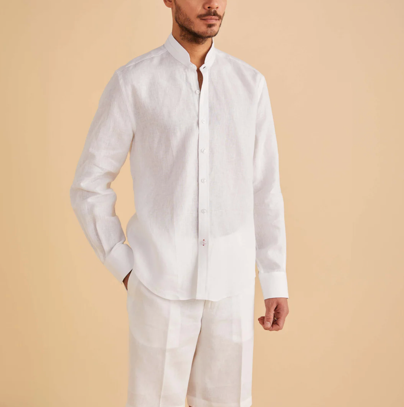 Inserch Long Sleeve Linen Banded Collar Shirt