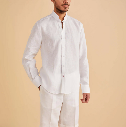 Inserch Long Sleeve Linen Banded Collar Shirt