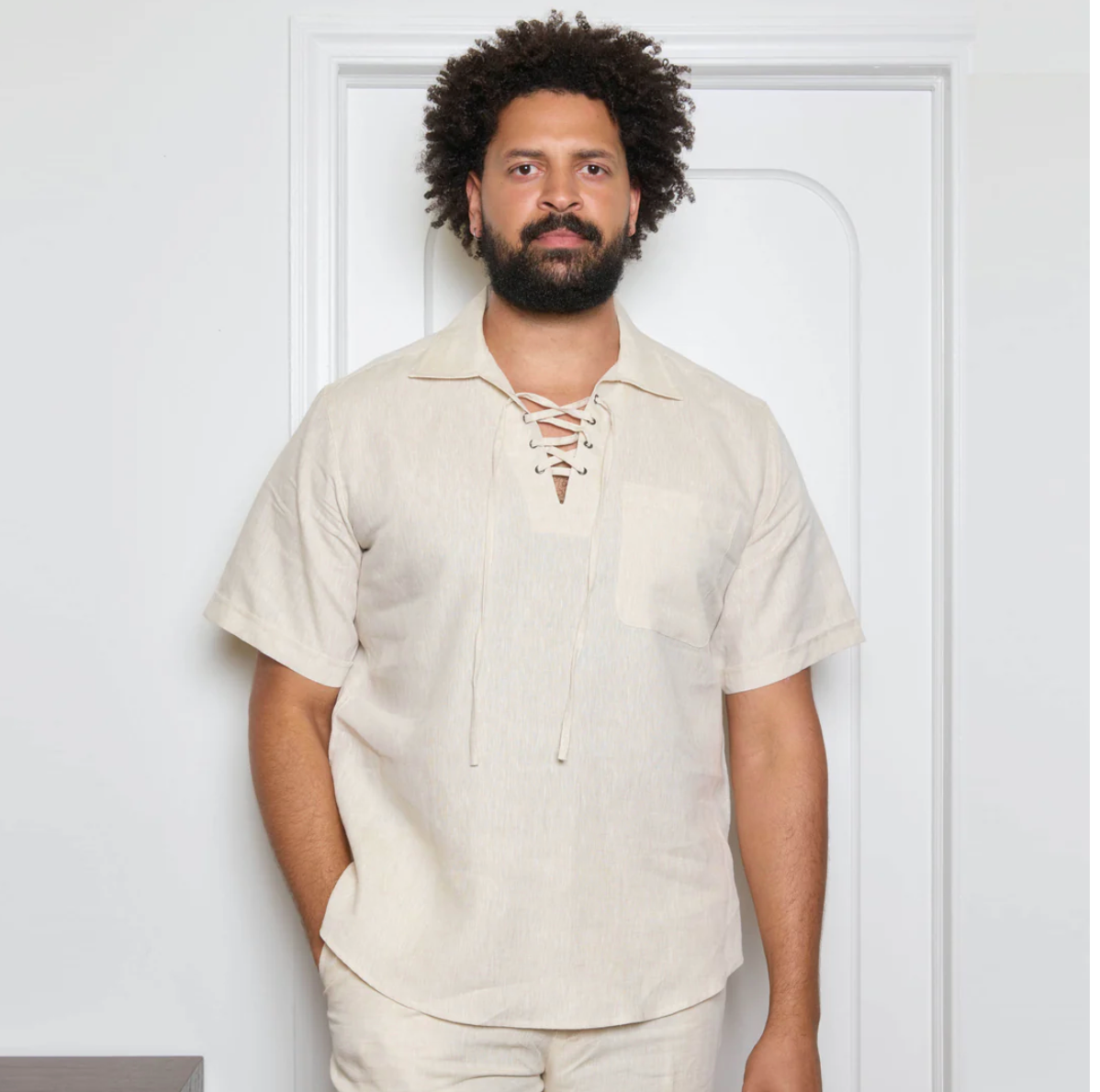 Inserch Short Sleeve Linen Lace Front Pull Over Shirt
