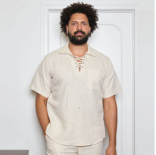 Inserch Short Sleeve Linen Lace Front Pull Over Shirt