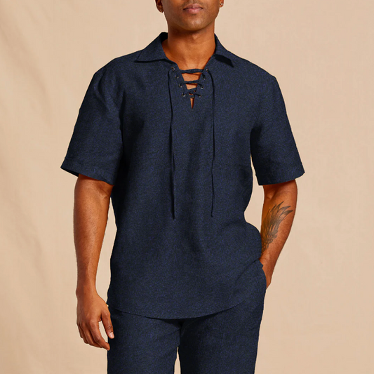 Inserch Short Sleeve Linen Lace Front Pull Over Shirt