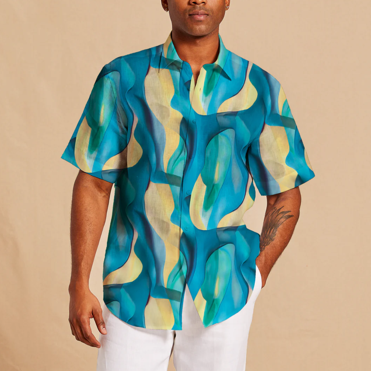 Inserch Short Sleeve Abstract Wave Print Linen Shirt