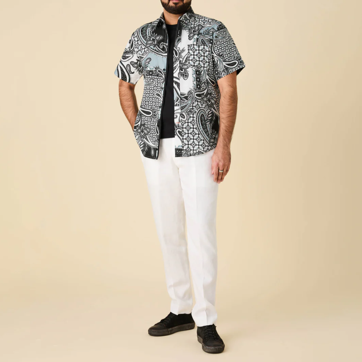 Inserch Short Sleeve Mediterranean Paisley Print Linen Shirt
