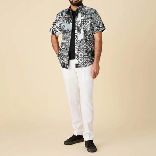 Inserch Short Sleeve Mediterranean Paisley Print Linen Shirt