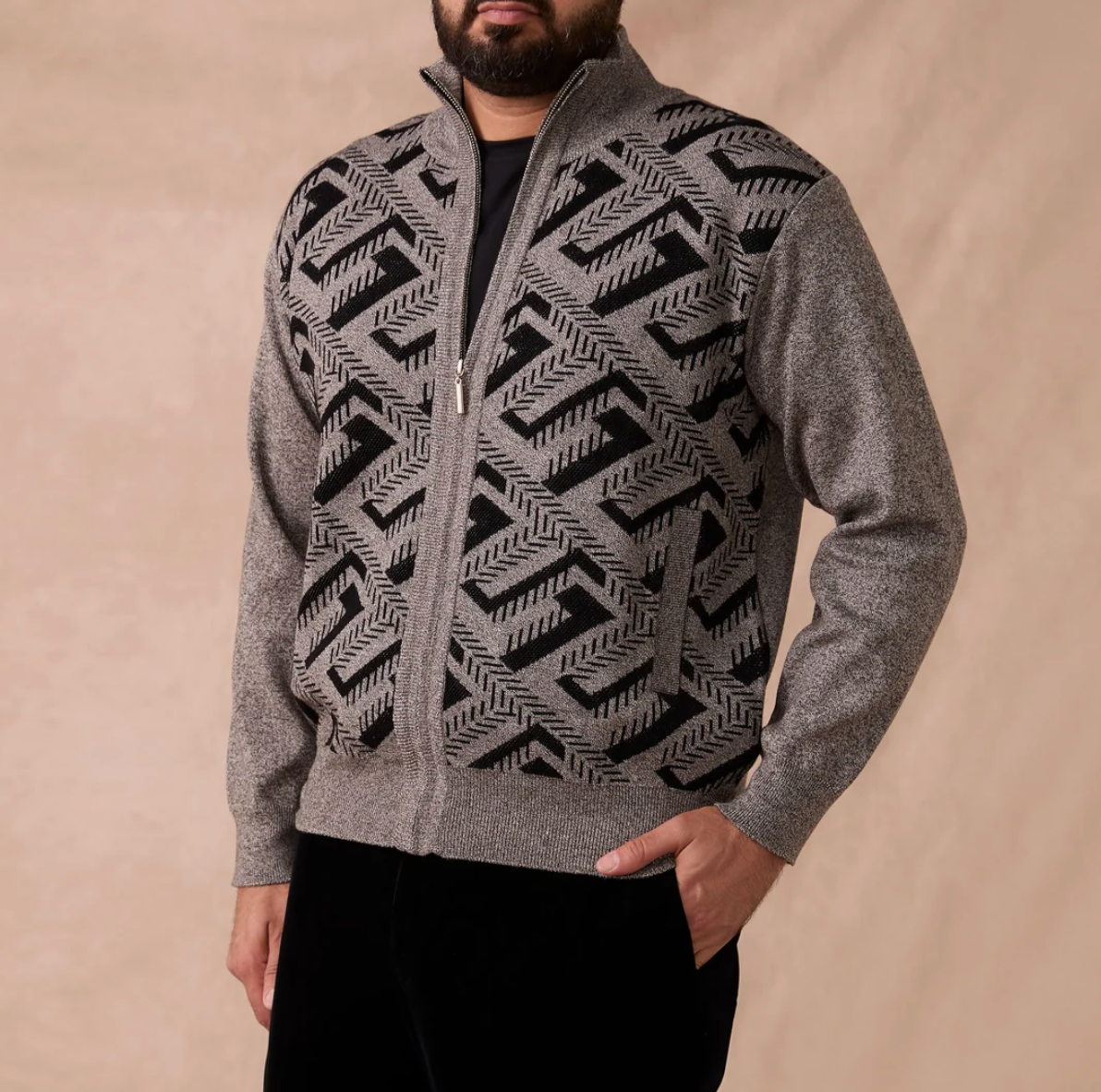 Inserch Geometric Intarsia Full Zip Sweater