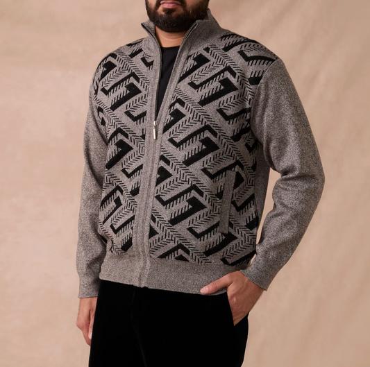 Inserch Geometric Intarsia Full Zip Sweater