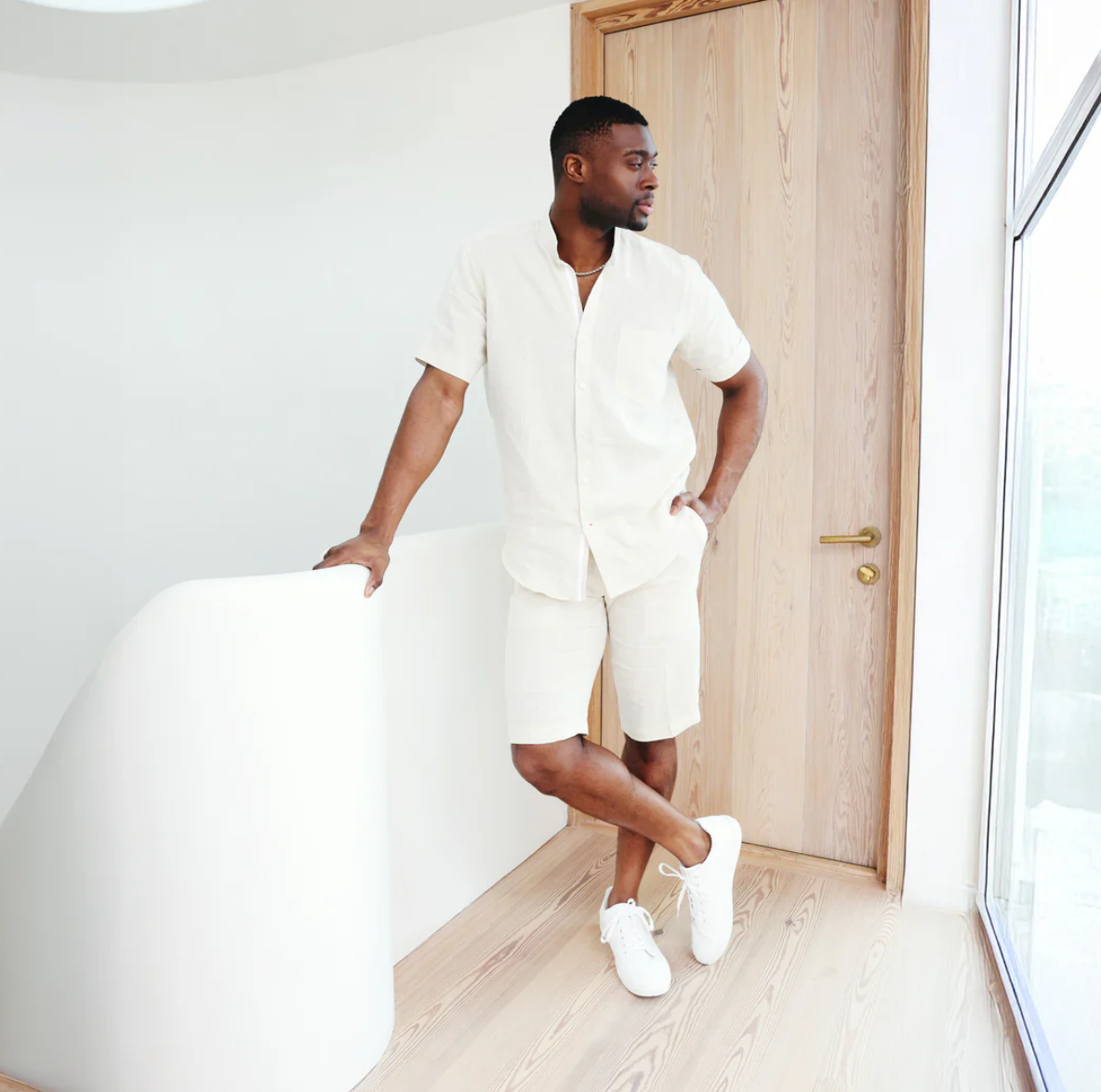 Inserch Short Sleeve Banded Collar Linen Shirt
