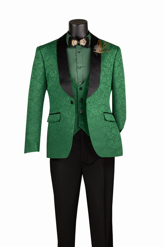 Vinci Slim Fit Vested Jacquard Fabric 1 Button Fashion Tuxedo (Green)