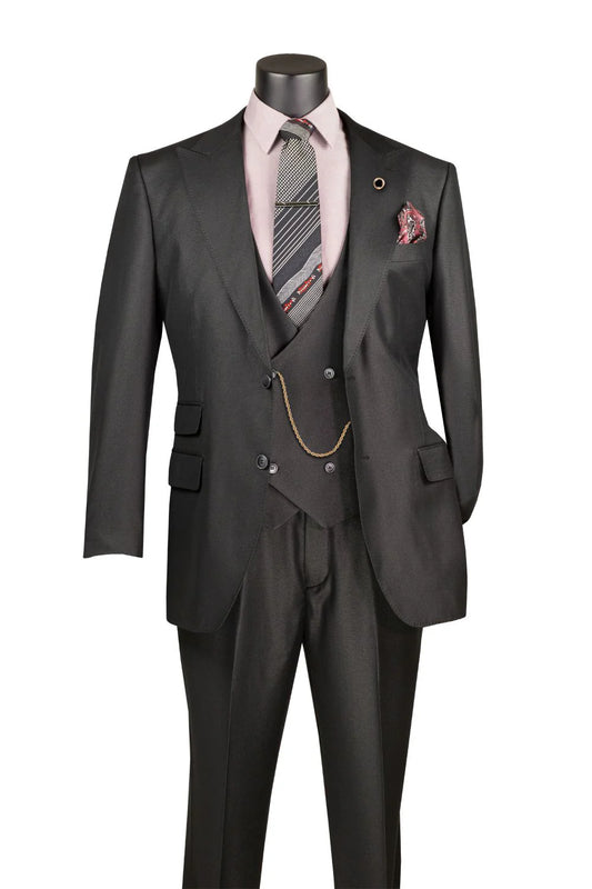 Vinci Classic Fit 3pc w/Double Breasted Vest + Adjustable Waistband (Black)