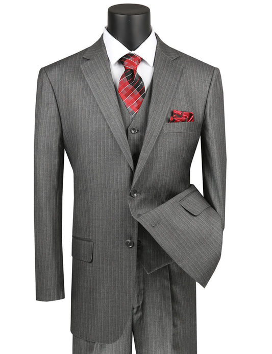 Vinci Luxurious Wool Feel 3pc Pin Stripe Suit (Medium Grey)