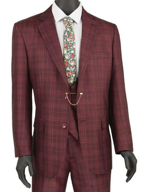 Vinci Classic Fit 3pc Plaid Suit (Burgundy)