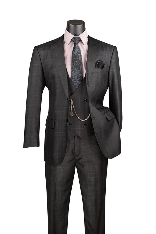 Vinci Classic Fit 3pc Plaid Suit (Black)