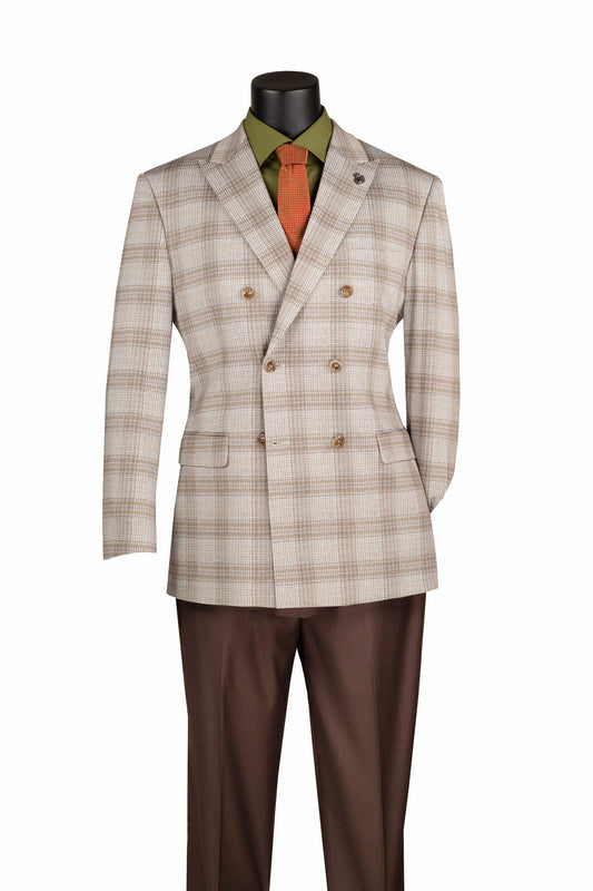 Vinci Double Breasted Regular Fit Windowpane Blazer (Tan)