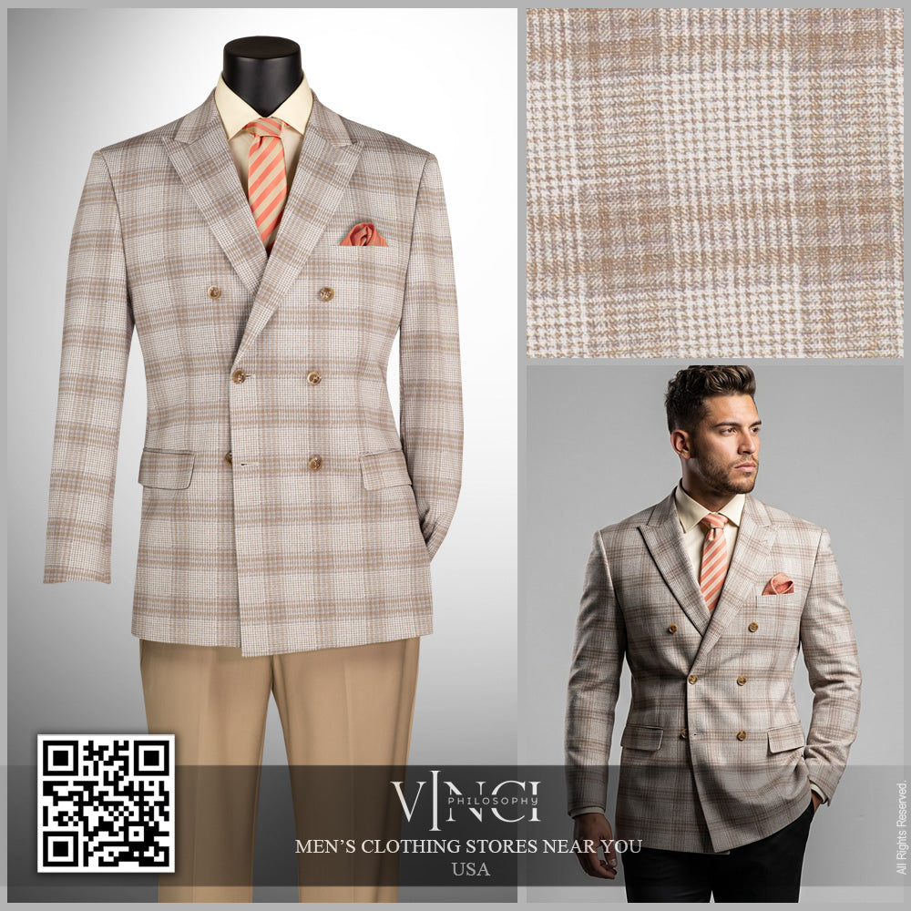 Vinci Double Breasted Regular Fit Windowpane Blazer (Tan)