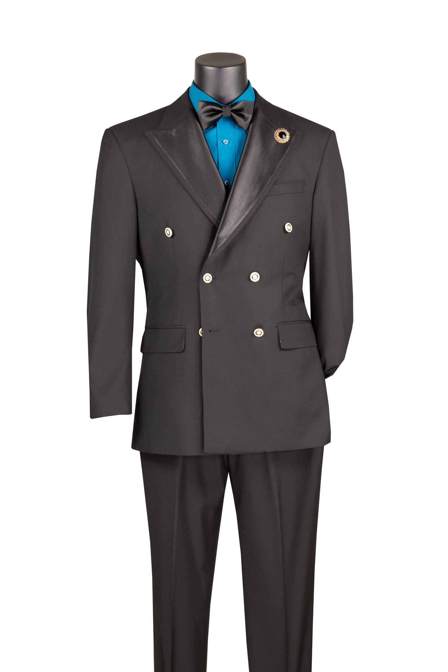 Vinci Modern Fit Double Breasted Satin Lapel Blazer (Black)