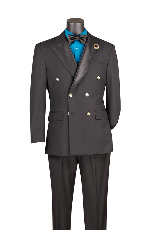Vinci Modern Fit Double Breasted Satin Lapel Blazer (Black)