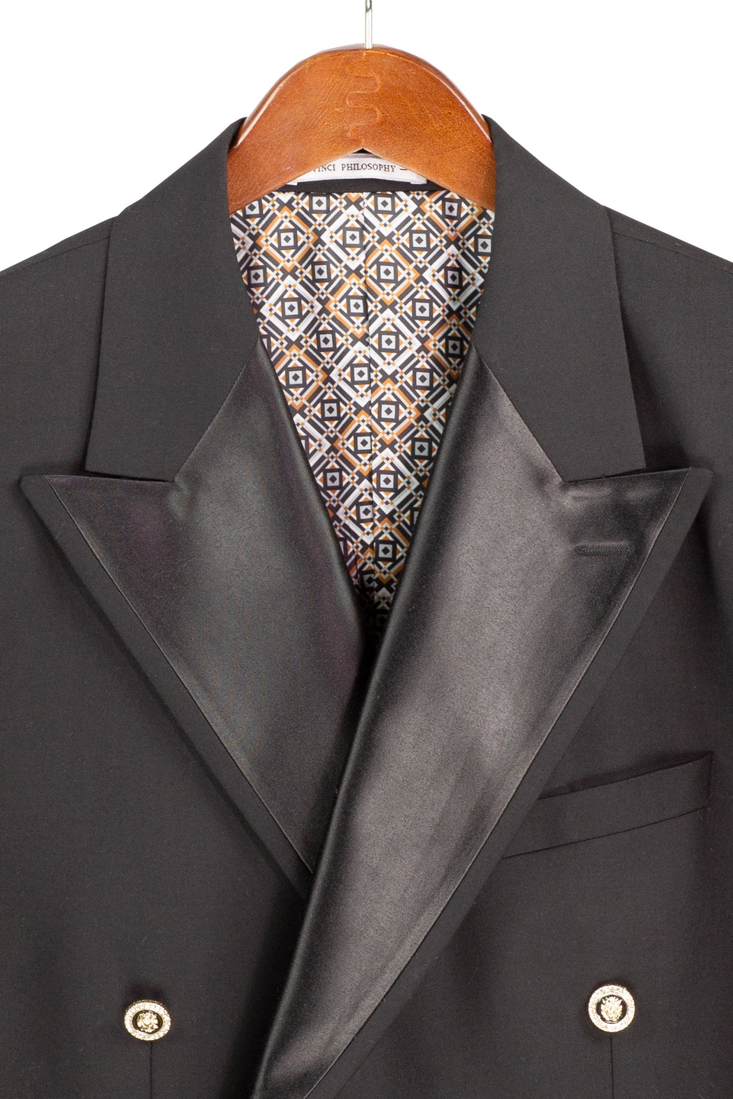 Vinci Modern Fit Double Breasted Satin Lapel Blazer (Black)