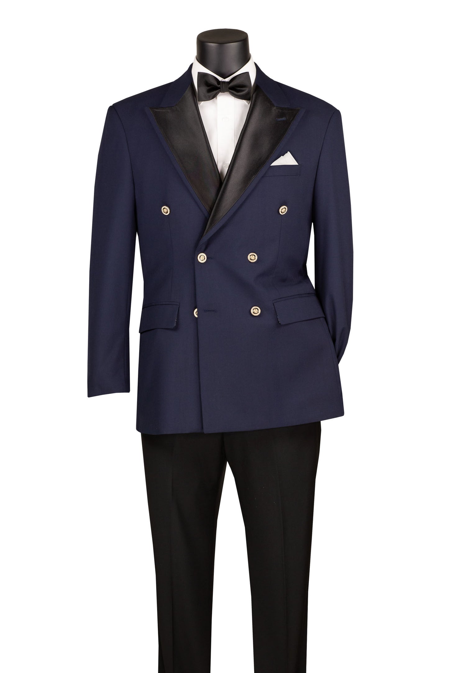 Vinci Modern Fit Double Breasted Satin Lapel Blazer (Navy)
