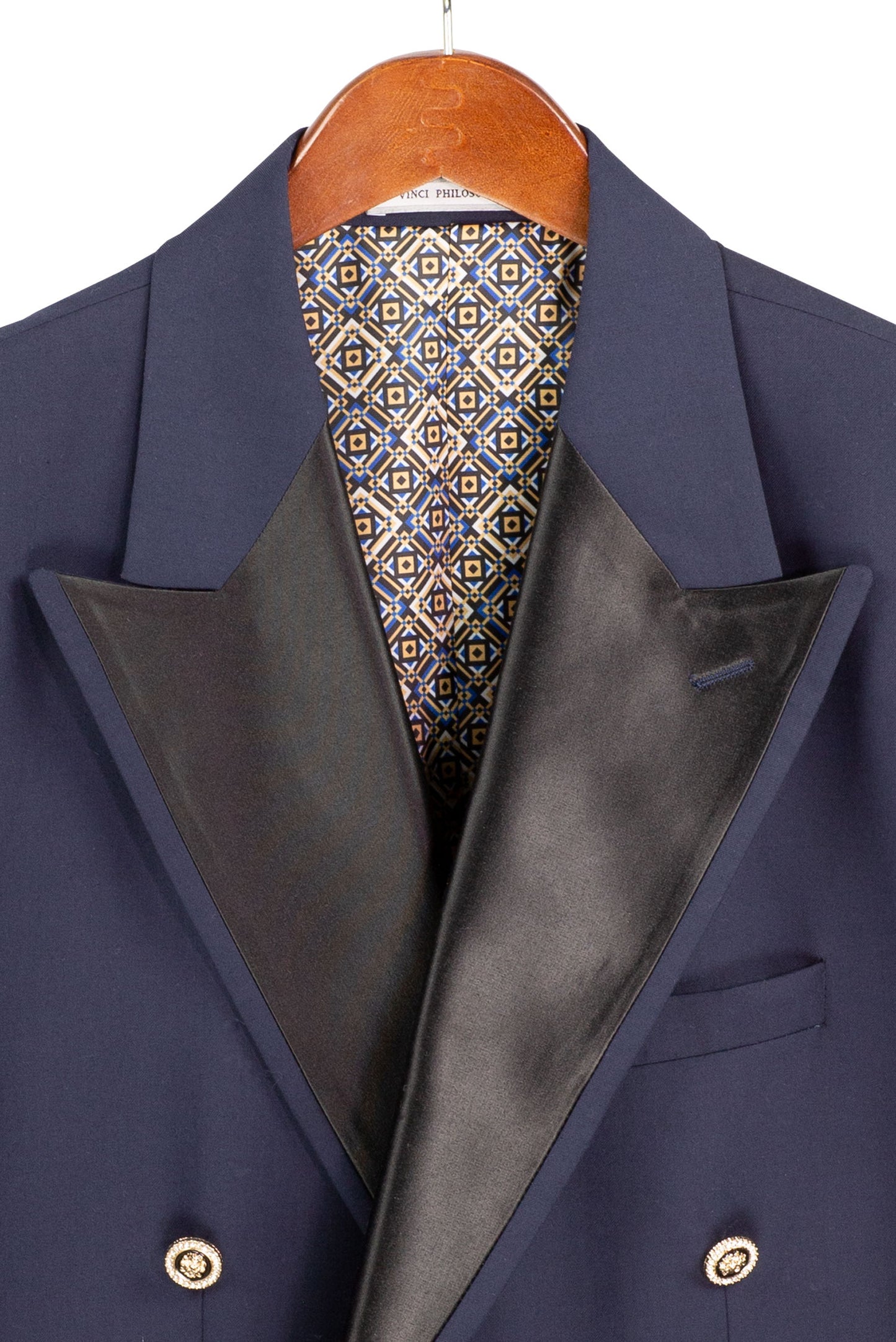 Vinci Modern Fit Double Breasted Satin Lapel Blazer (Navy)