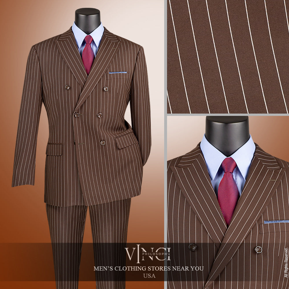 Vinci Classic Fit Executive Double Breasted Suit Gangster Stripe (Brown)