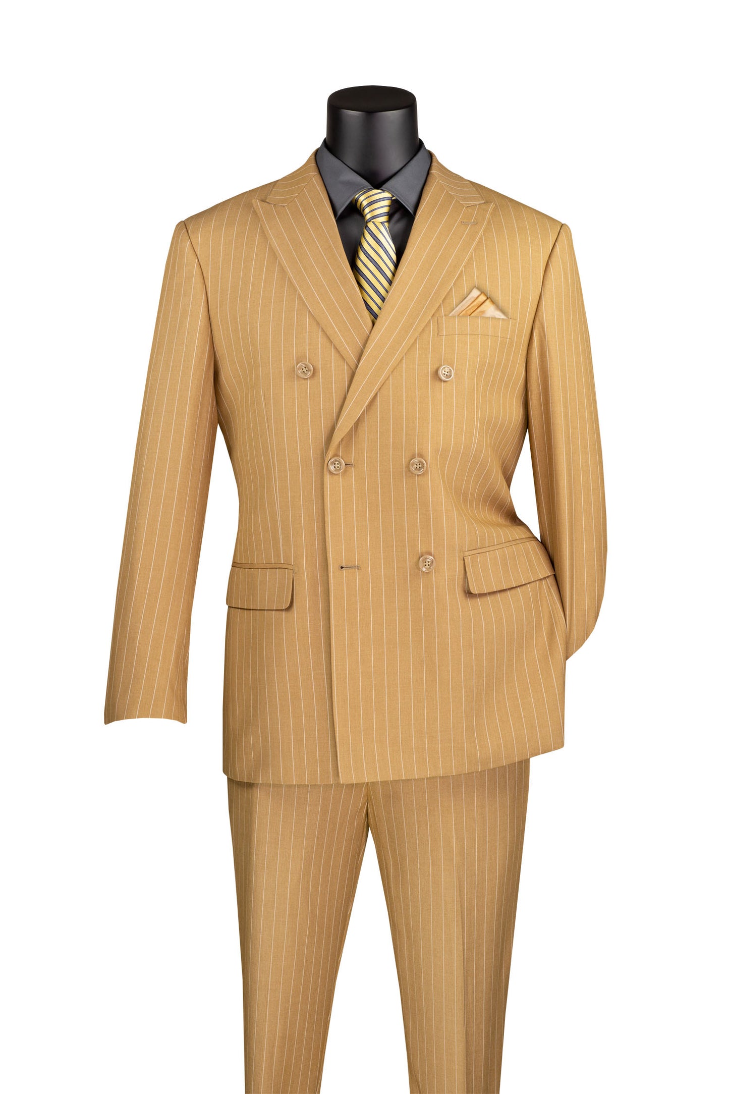 Vinci Classic Fit Executive Double Breasted Suit Gangster Stripe (Camel)
