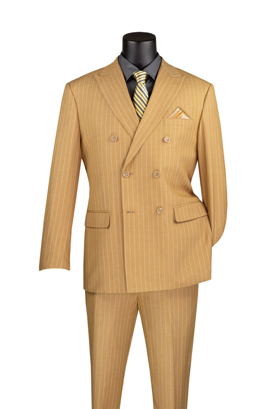 Vinci Classic Fit Executive Double Breasted Suit Gangster Stripe (Camel)