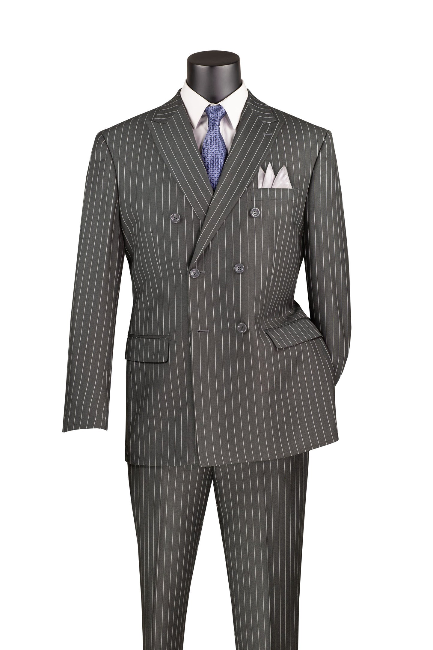 Vinci Classic Fit Executive Double Breasted Suit Gangster Stripe w/Adjustable Waistband(Charcoal)