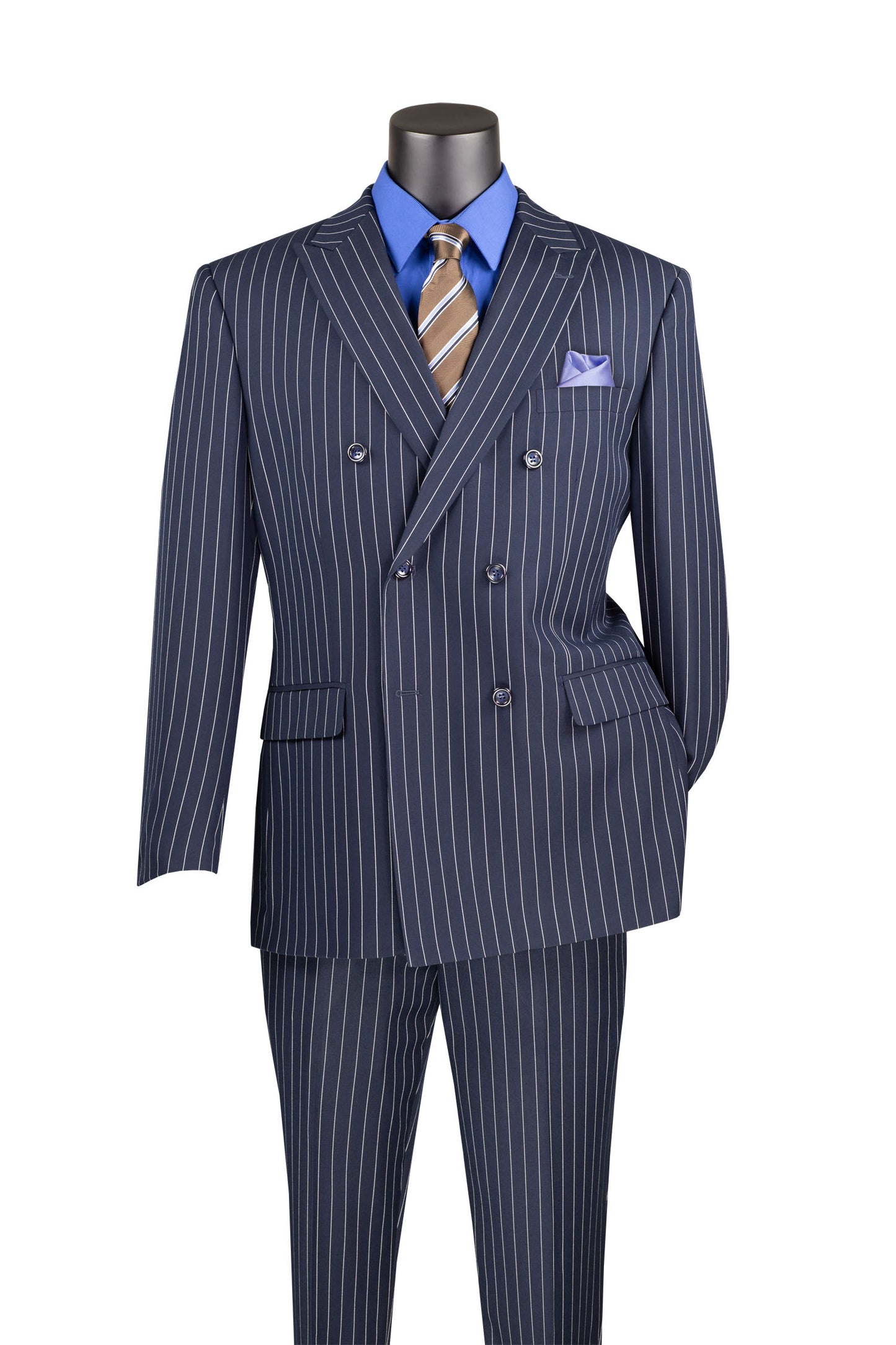 Vinci Classic Fit Executive Double Breasted Suit Gangster Stripe w/Adjustable Waistband (Navy)
