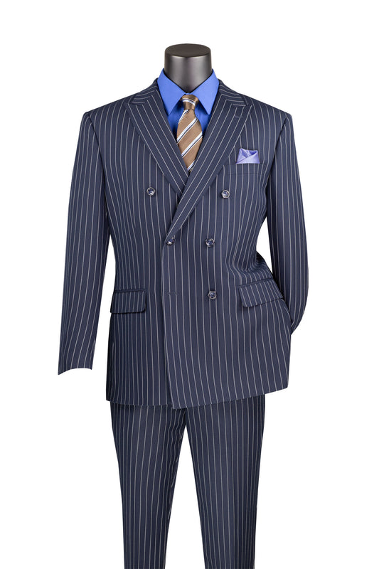 Vinci Classic Fit Executive Double Breasted Suit Gangster Stripe w/Adjustable Waistband (Navy)