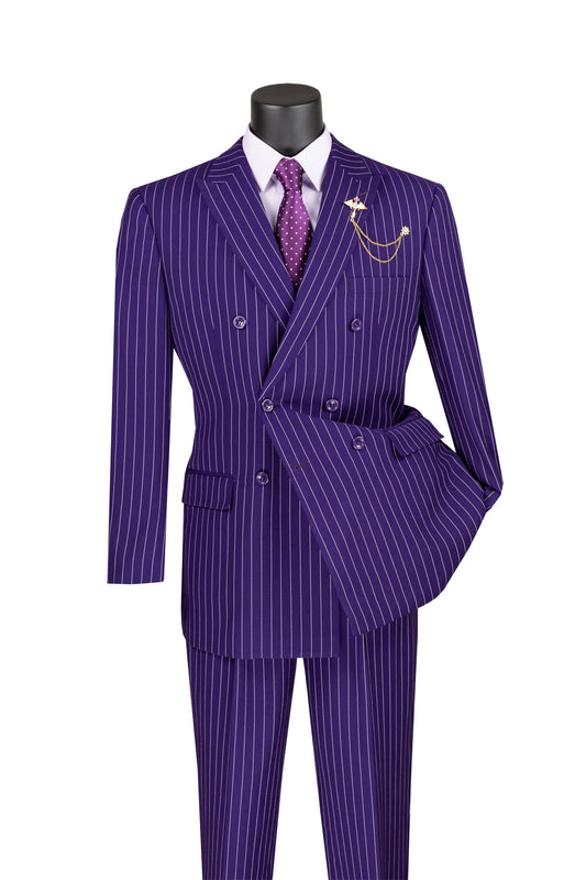 Vinci Classic Fit Executive Double Breasted Suit Gangster Stripe w/Adjustable Waistband (Purple)