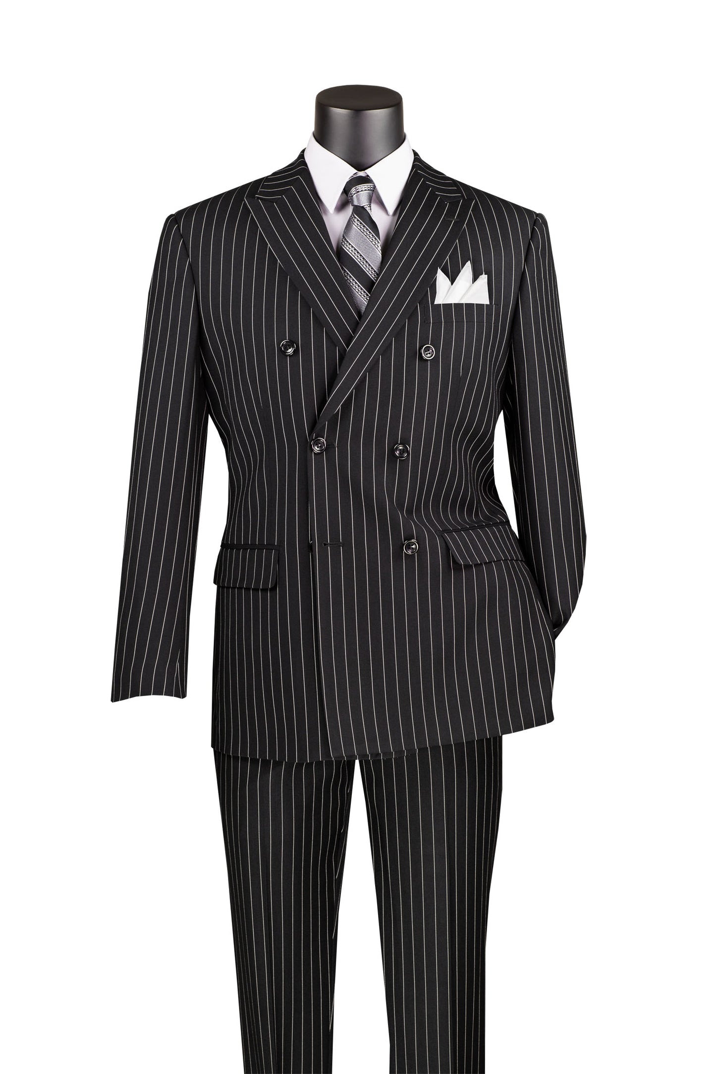 Vinci Classic Fit Executive Double Breasted Suit Gangster Stripe w/Adjustable Waistband (Black)