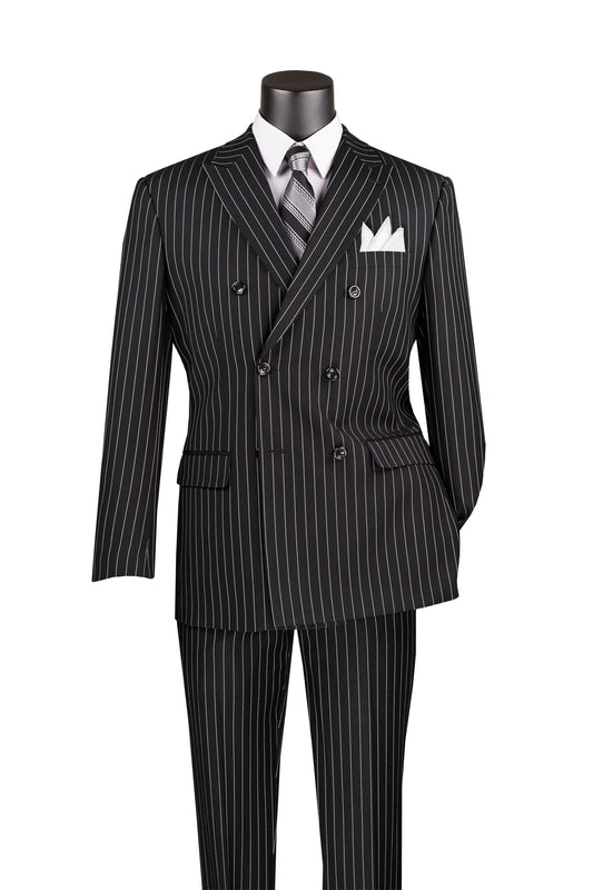Vinci Classic Fit Executive Double Breasted Suit Gangster Stripe w/Adjustable Waistband (Black)