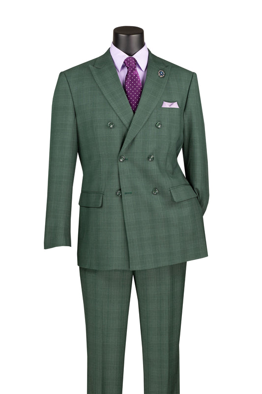 Vinci Classic Fit Double Breasted Glen Plaid Suit w/Adjustable Waistband (Forest Green)
