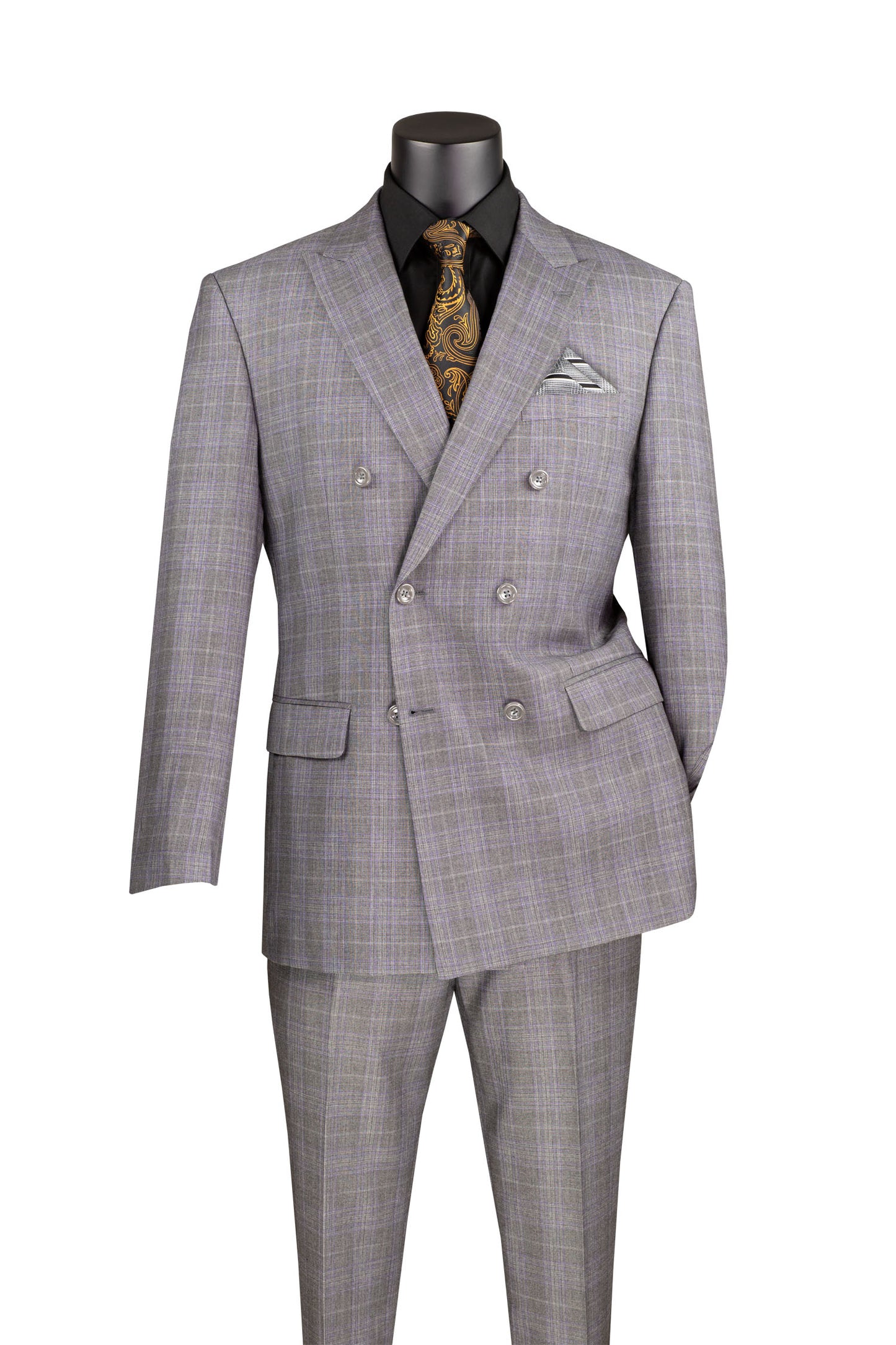 Vinci Classic Fit Double Breasted Glen Plaid Suit w/Adjustable Waistband (Gray)