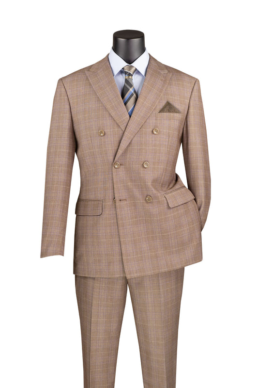 Vinci Classic Fit Double Breasted Glen Plaid Suit w/Adjustable Waistband (Tan)
